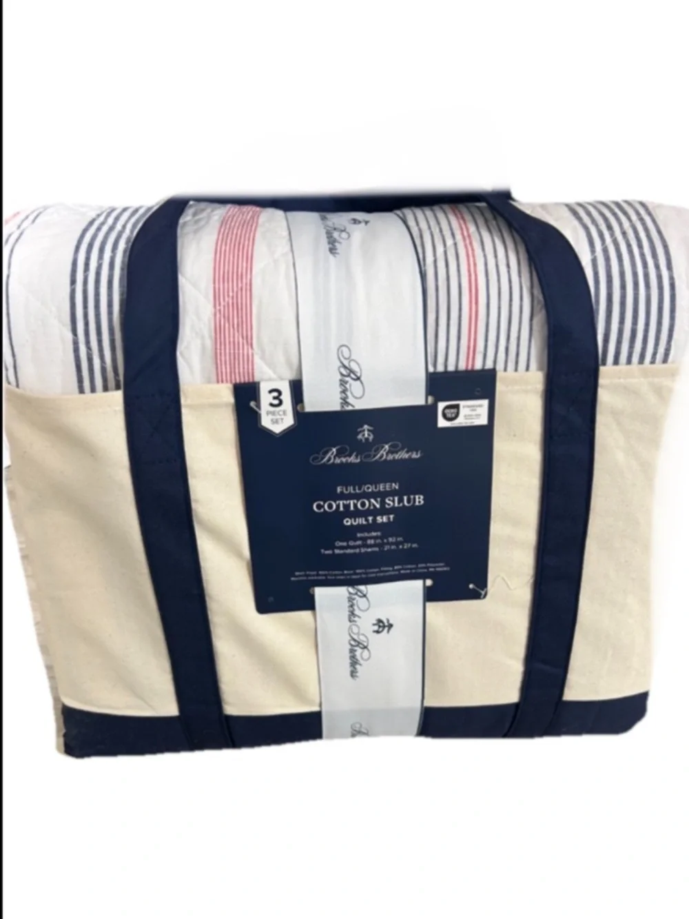 Brooks Brothers Blue, Red and White Striped Queen Cotton Slub Quilt Set 88”x92”